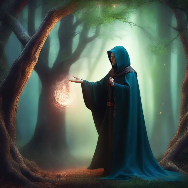 A mage in a flowing cloak casting a spell in a mystical forest