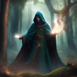 A mage in a flowing cloak casting a spell in a mystical forest