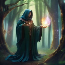 A mage in a flowing cloak casting a spell in a mystical forest