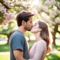 A romantic scene of a guy gently kissing a girl on the lips