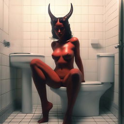 A mundane scene showing a beautiful succubus, sitting naked on a toilet in a modern, brightly lit bathroom