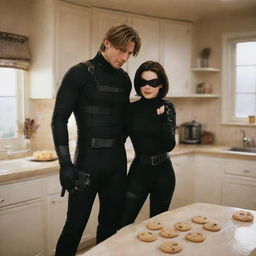 Leon S. Kennedy from Resident Evil 4 and Catwoman, in a charming, cozy kitchen, playfully baking cookies together