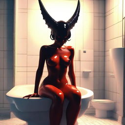 A mundane scene showing a beautiful succubus, sitting naked on a toilet in a modern, brightly lit bathroom