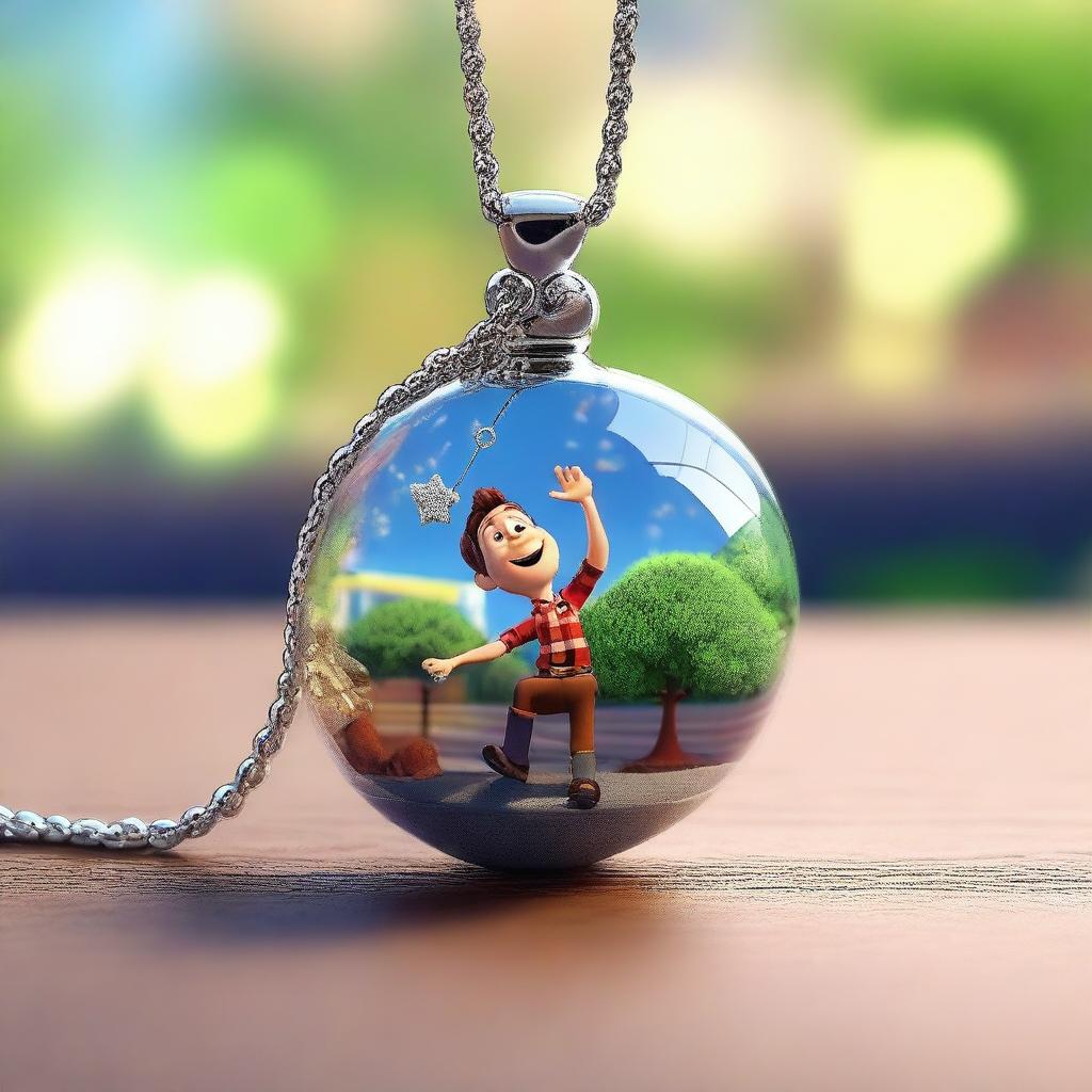 Create a Pixar-inspired scene where a sparkling necklace is found