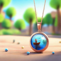 Create a Pixar-inspired scene where a sparkling necklace is found