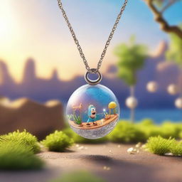 Create a Pixar-inspired scene where a sparkling necklace is found