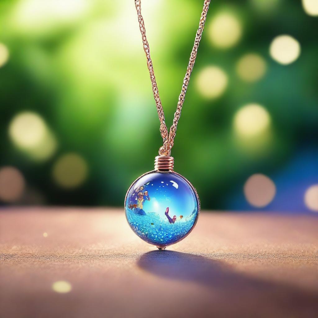 Create a Pixar-inspired scene where a sparkling necklace is found