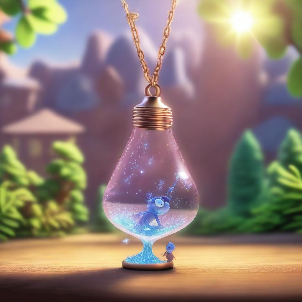 Create a Pixar-inspired scene where a sparkling necklace is found