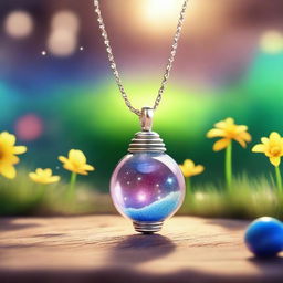 Create a Pixar-inspired scene where a sparkling necklace is found