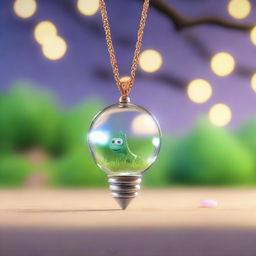 Create a Pixar-inspired scene where a sparkling necklace is found