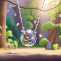 Create a Pixar-inspired scene where a sparkling necklace is found