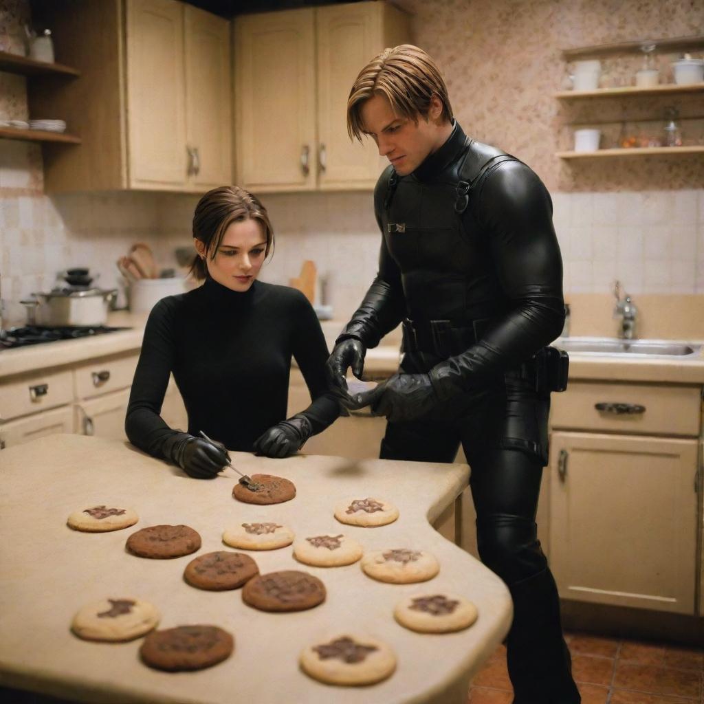 Leon S. Kennedy from Resident Evil 4 and Catwoman, in a charming, cozy kitchen, playfully baking cookies together