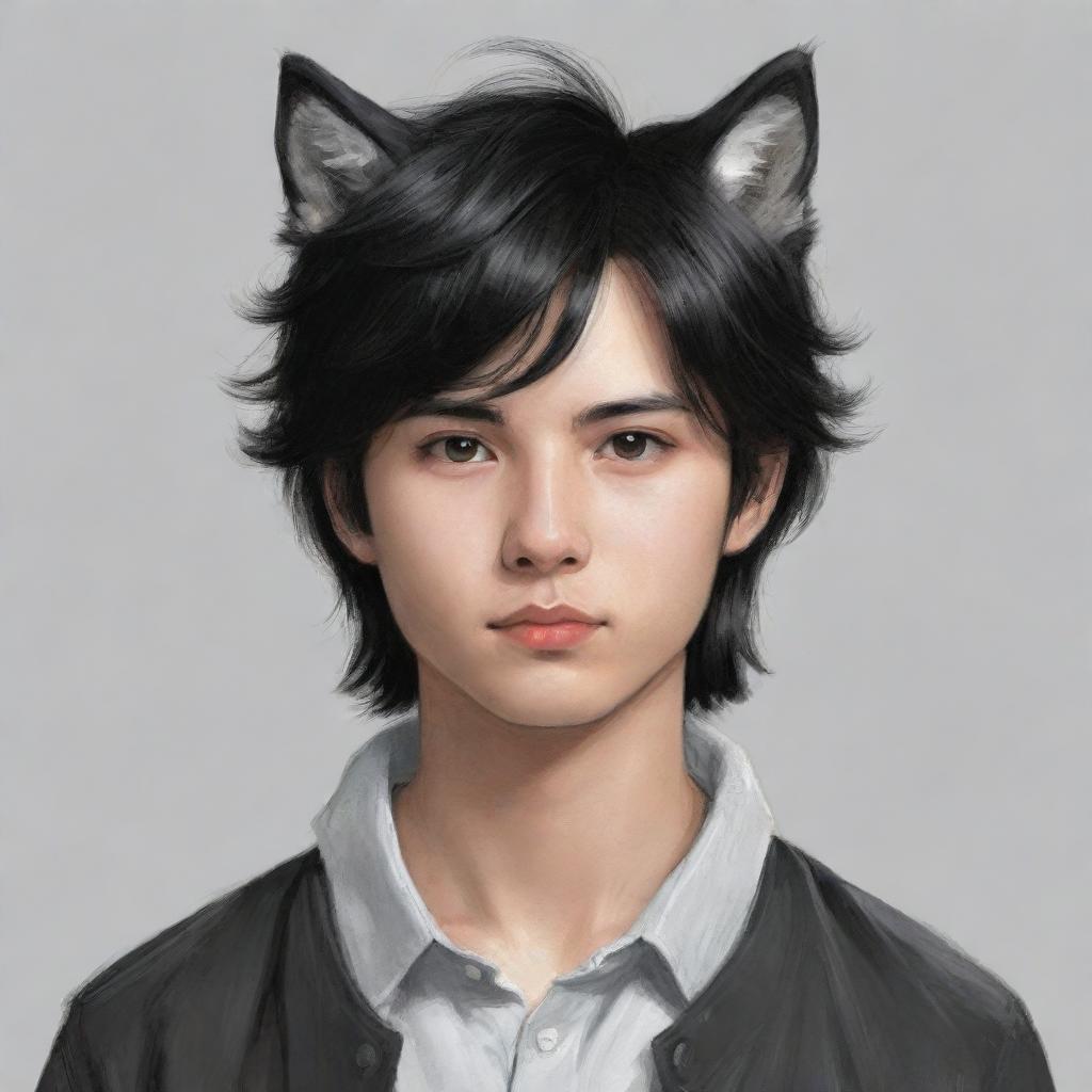 An attractively drawn youthful figure with thick, black hair styled in a long wolf cut. His face is small, endearing, and accented by soft features.