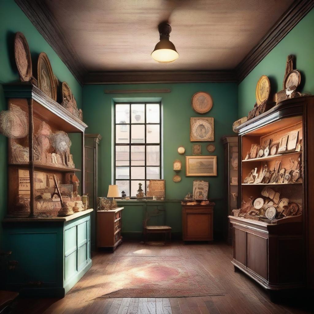 Create a Pixar-inspired scene set in an antique shop