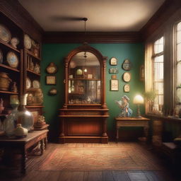 Create a Pixar-inspired scene set in an antique shop