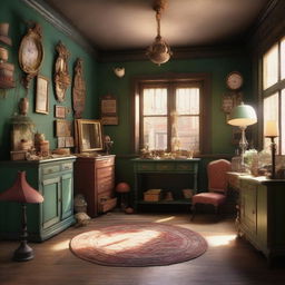 Create a Pixar-inspired scene set in an antique shop