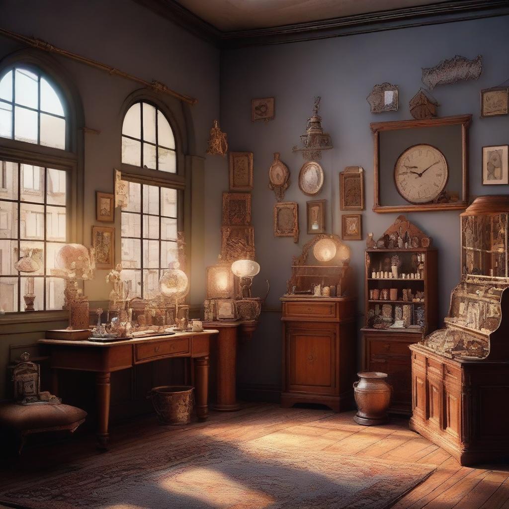 Create a Pixar-inspired scene set in an antique shop