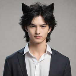 An attractively drawn youthful figure with thick, black hair styled in a long wolf cut. His face is small, endearing, and accented by soft features.