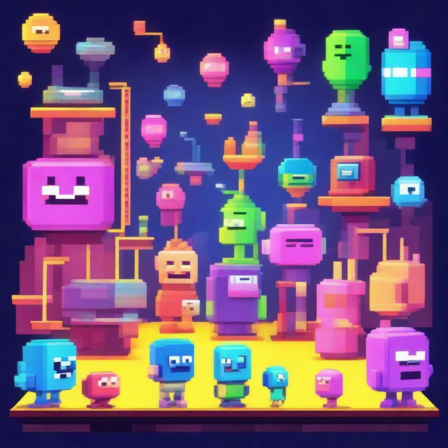 A vibrant and whimsical scene featuring Pixel Pals in a Pixar-inspired style