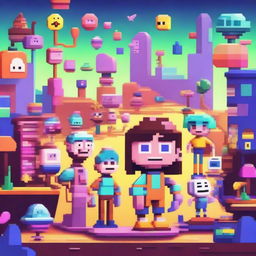 A vibrant and whimsical scene featuring Pixel Pals in a Pixar-inspired style