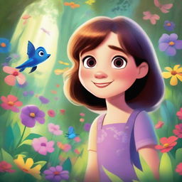 A Pixar-inspired illustration of Ella, a young and curious girl, discovering a magical secret garden