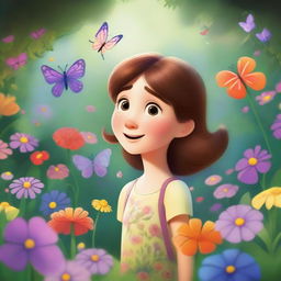 A Pixar-inspired illustration of Ella, a young and curious girl, discovering a magical secret garden