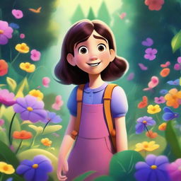 A Pixar-inspired illustration of Ella, a young and curious girl, discovering a magical secret garden