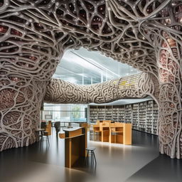 A unique library inspired by the structure of a human brain; intricate neuron-like bookshelves, lobule-inspired reading corners, and cerebral cortex themed entrance.