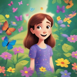 A Pixar-inspired illustration of Ella, a young and curious girl, discovering a magical secret garden