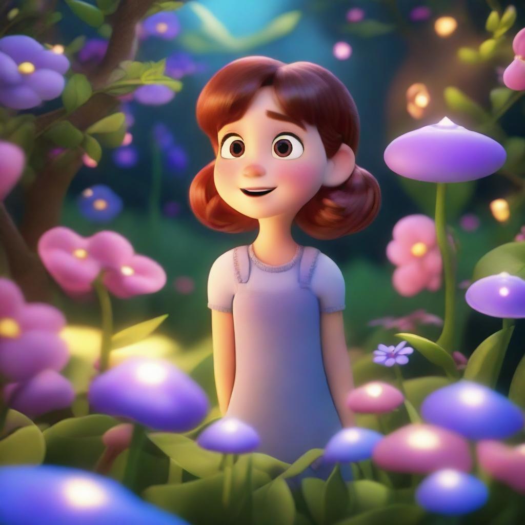 A Pixar-inspired scene featuring Ella, a curious and adventurous girl, discovering a hidden secret garden