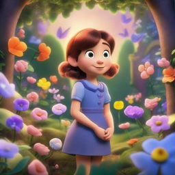 A Pixar-inspired scene featuring Ella, a curious and adventurous girl, discovering a hidden secret garden