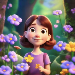 A Pixar-inspired scene featuring Ella, a curious and adventurous girl, discovering a hidden secret garden