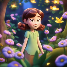 A Pixar-inspired scene featuring Ella, a curious and adventurous girl, discovering a hidden secret garden