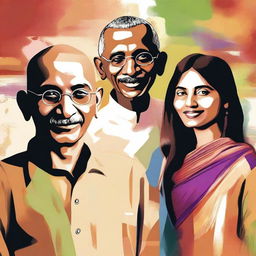 Create an evocative image or symbolic artwork representing Gandhi, Malala, and Obama