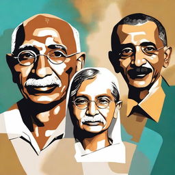 Create an evocative image or symbolic artwork representing Gandhi, Malala, and Obama