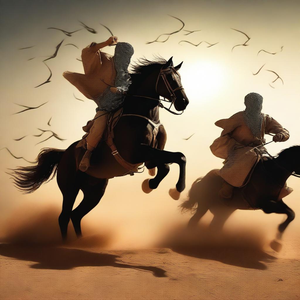 Create an image of a dramatic horseback battle between the forces of Imam Mahdi and an opposing army