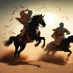 Create an image of a dramatic horseback battle between the forces of Imam Mahdi and an opposing army