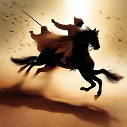 Create an image of a dramatic horseback battle between the forces of Imam Mahdi and an opposing army