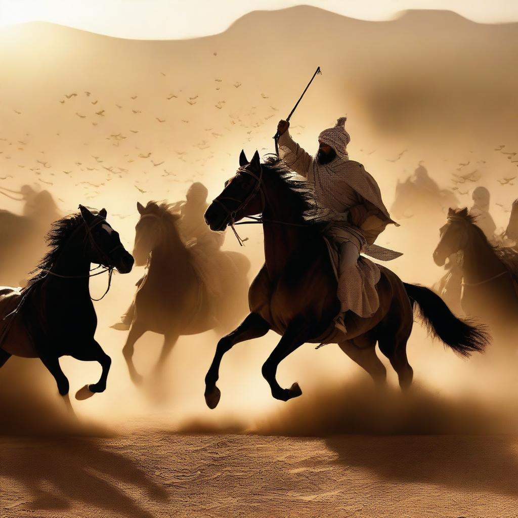 Create an image of a dramatic horseback battle between the forces of Imam Mahdi and an opposing army