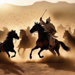 Create an image of a dramatic horseback battle between the forces of Imam Mahdi and an opposing army