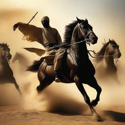 Create an image of a dramatic horseback battle between the forces of Imam Mahdi and an opposing army