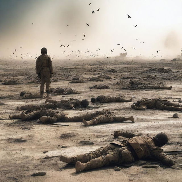 Create an image of a battlefield aftermath where many Muslim soldiers have fallen