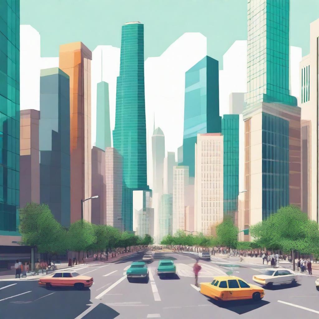 Create an image of a bustling city with tall skyscrapers, busy streets, and people going about their day