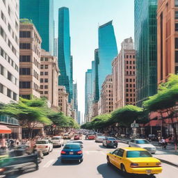 Create an image of a bustling city with tall skyscrapers, busy streets, and people going about their day