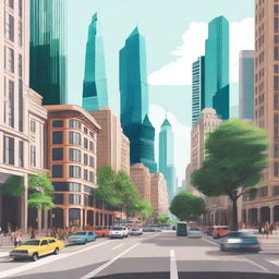 Create an image of a bustling city with tall skyscrapers, busy streets, and people going about their day