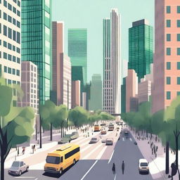 Create an image of a bustling city with tall skyscrapers, busy streets, and people going about their day