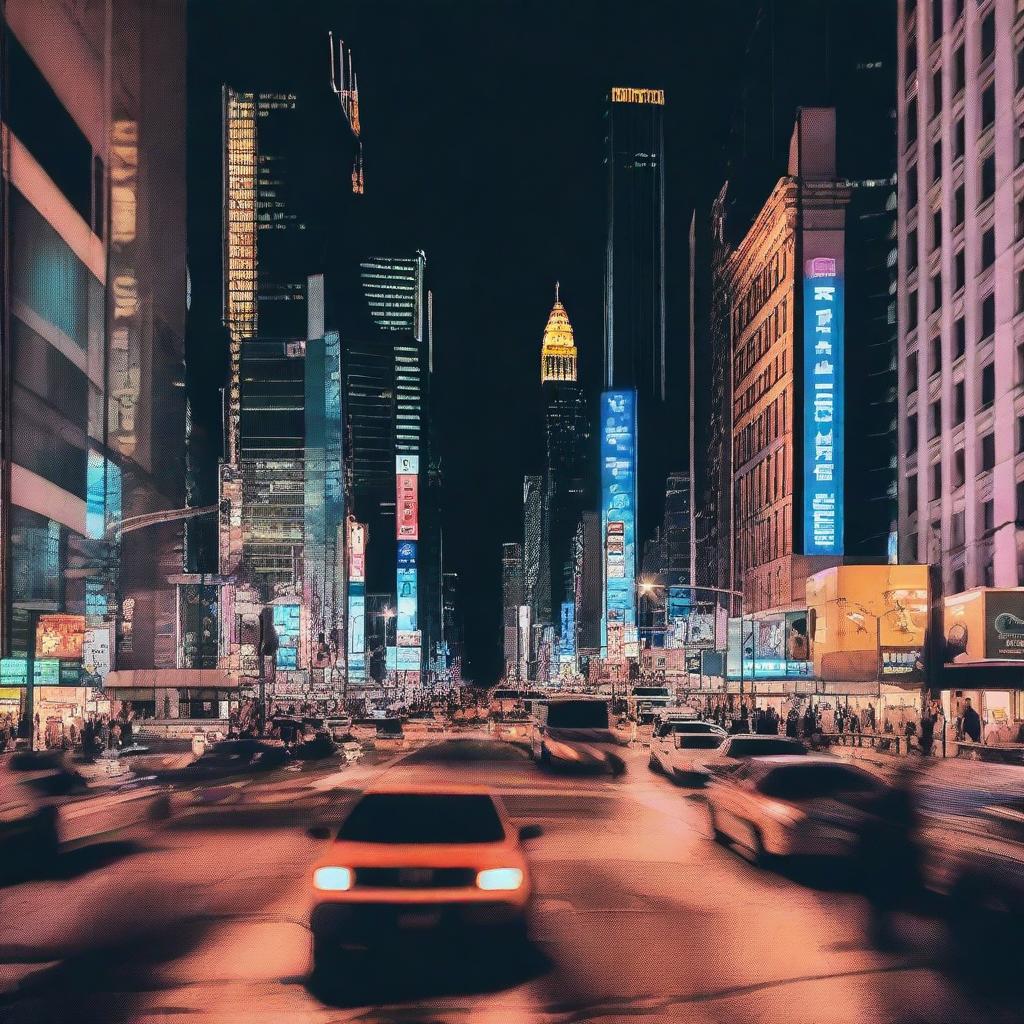 Create an image of a bustling city at night with tall skyscrapers illuminated by bright lights, busy streets, and people going about their evening