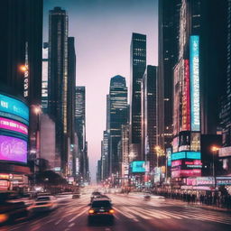 Create an image of a bustling city at night with tall skyscrapers illuminated by bright lights, busy streets, and people going about their evening