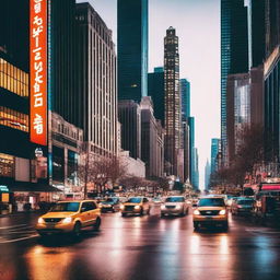 Create an image of a bustling city at night with tall skyscrapers illuminated by bright lights, busy streets, and people going about their evening