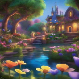 A Pixar-inspired scene of a secret enchanted garden